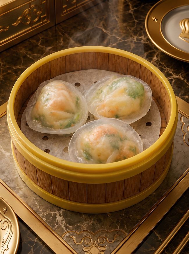 Three translucent dumplings in a yellow bamboo steamer on an ornate gold tray