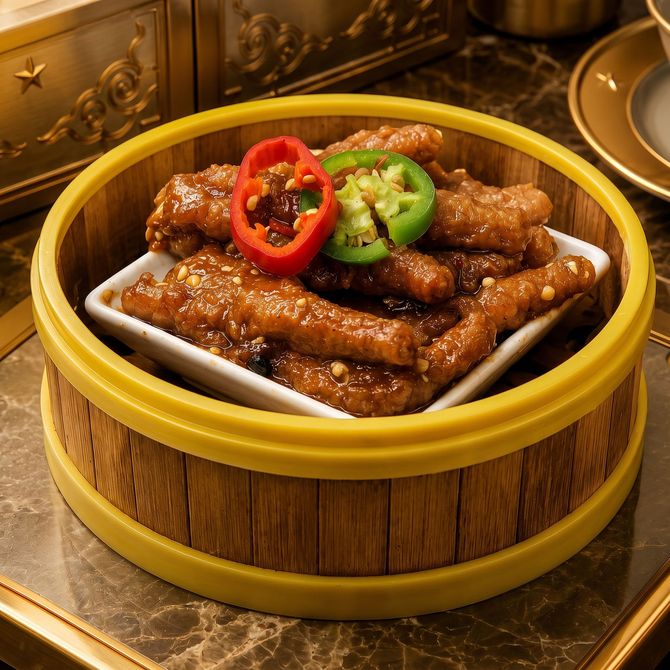 Bowl of glazed fried chicken wings garnished with red and green chili slices on a wooden table