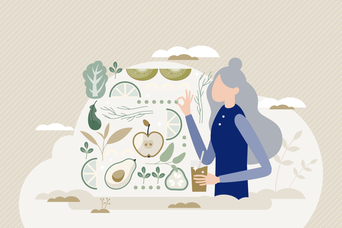 Ilustração de uma pessoa idosa cercada de frutas, legumes e verduras.