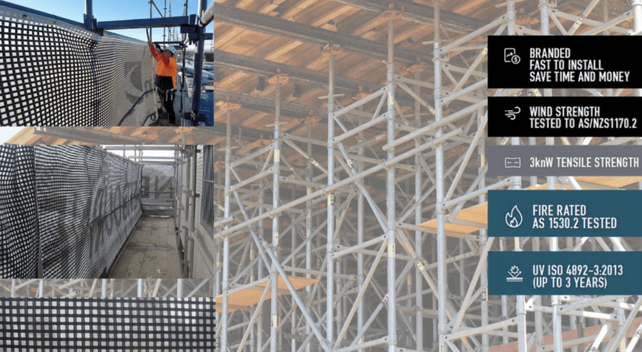 Collage of patterned construction walls and scaffolding with a small text legend on the right.