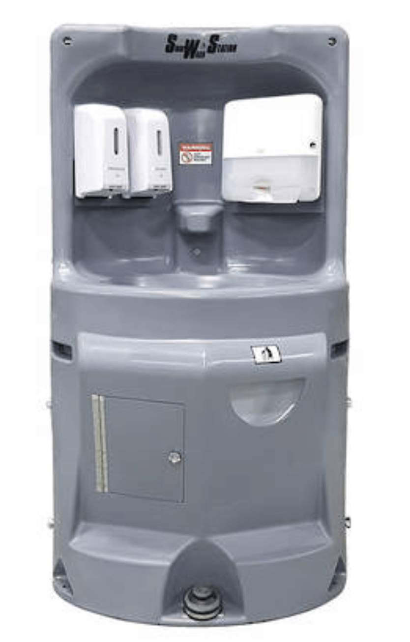 Gray wall-mounted soap and sanitizer dispenser unit with multiple compartments and a small trash bin