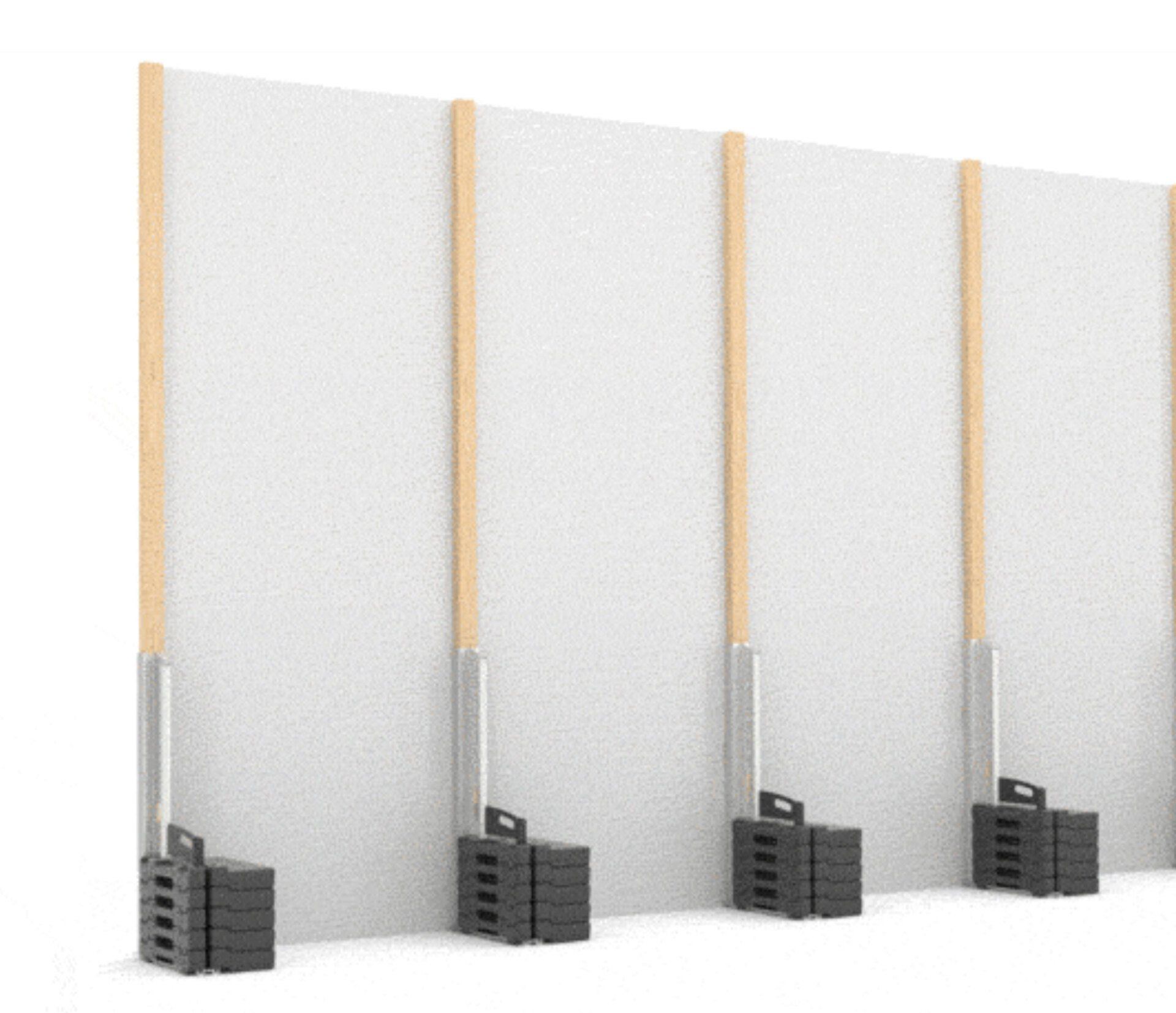 Four white posts with tan caps on gray bases, arranged in a row against a plain background.