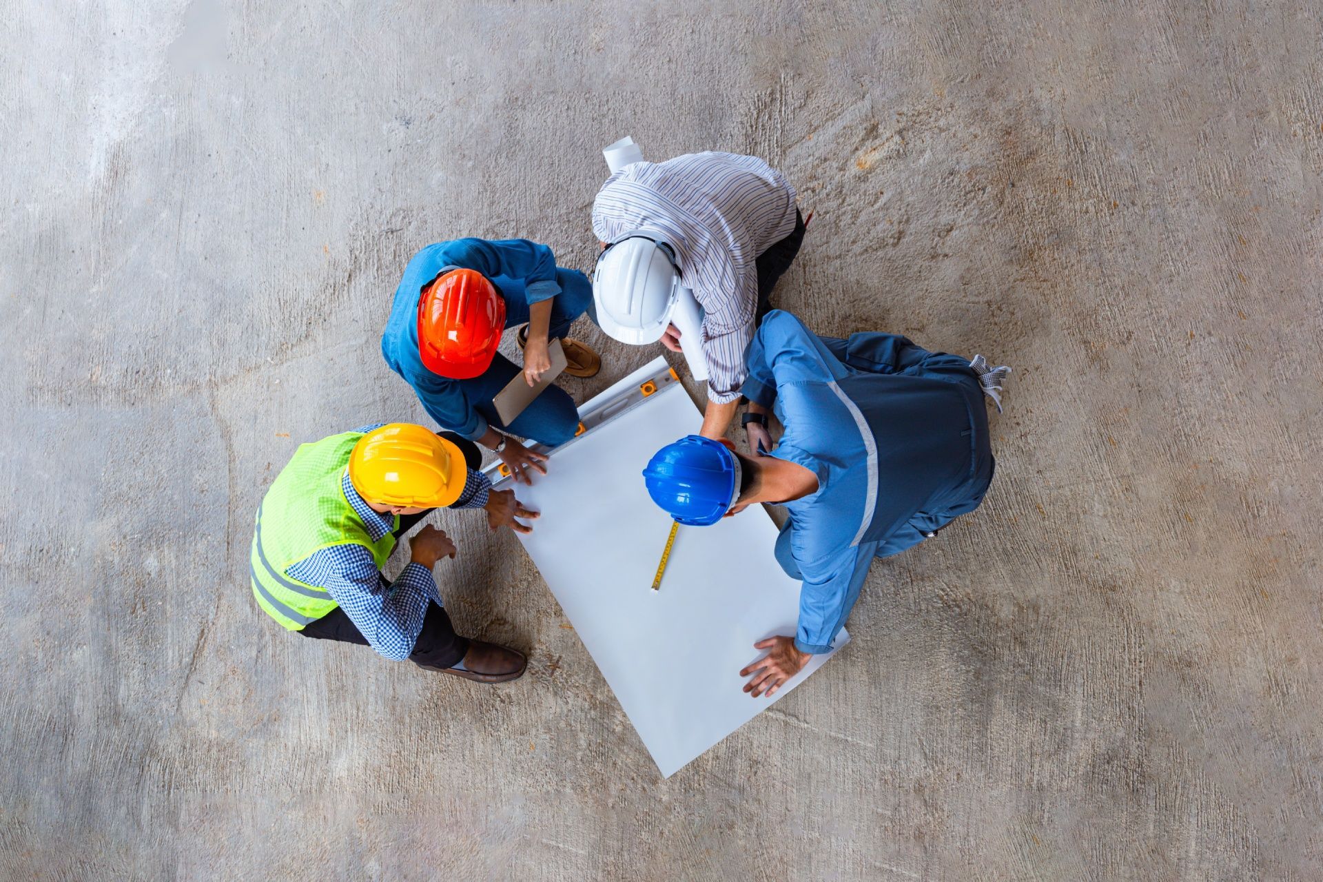 A group of construction workers are looking at a blueprint.