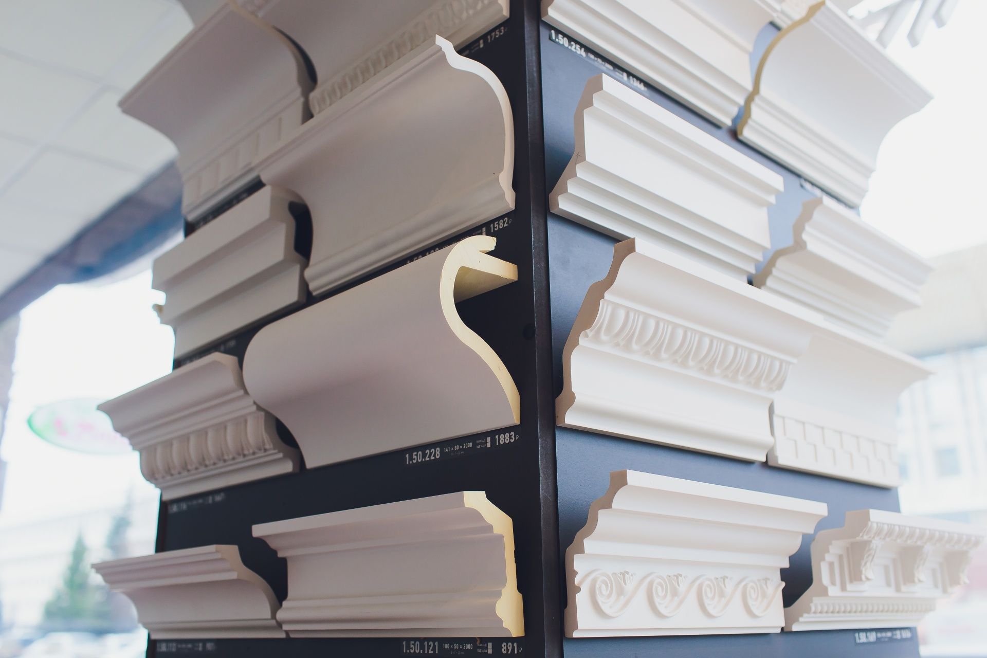 A display of different types of molding in a store