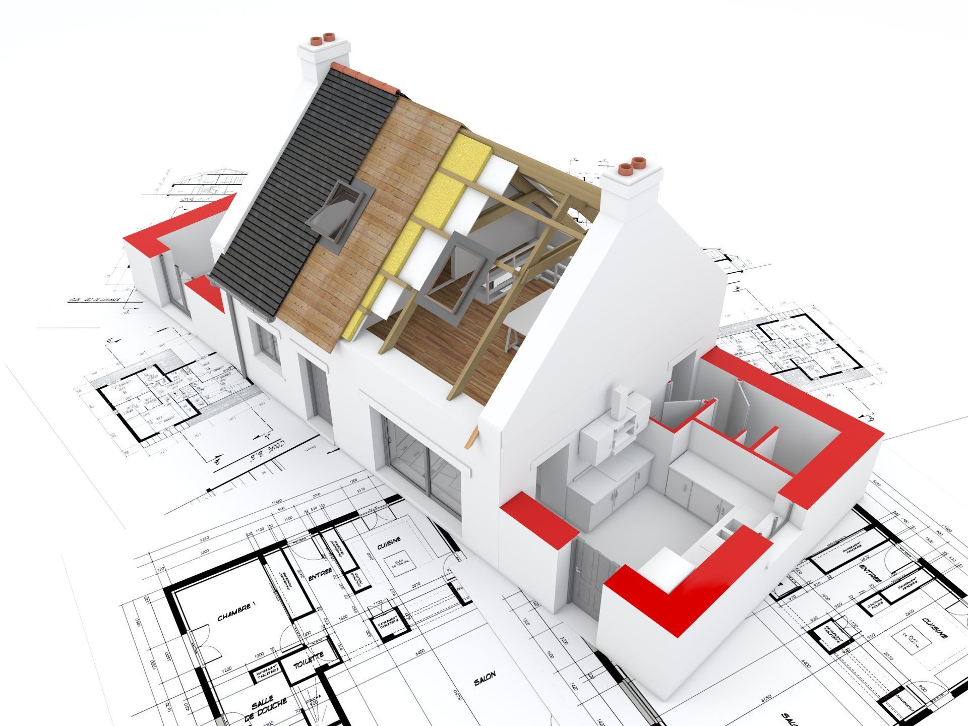 A 3d model of a house is sitting on top of a blueprint.