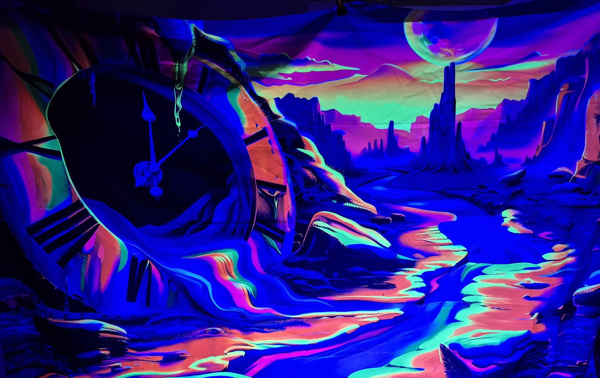 Clock Melting Black Light Reactive Wall Tapestry