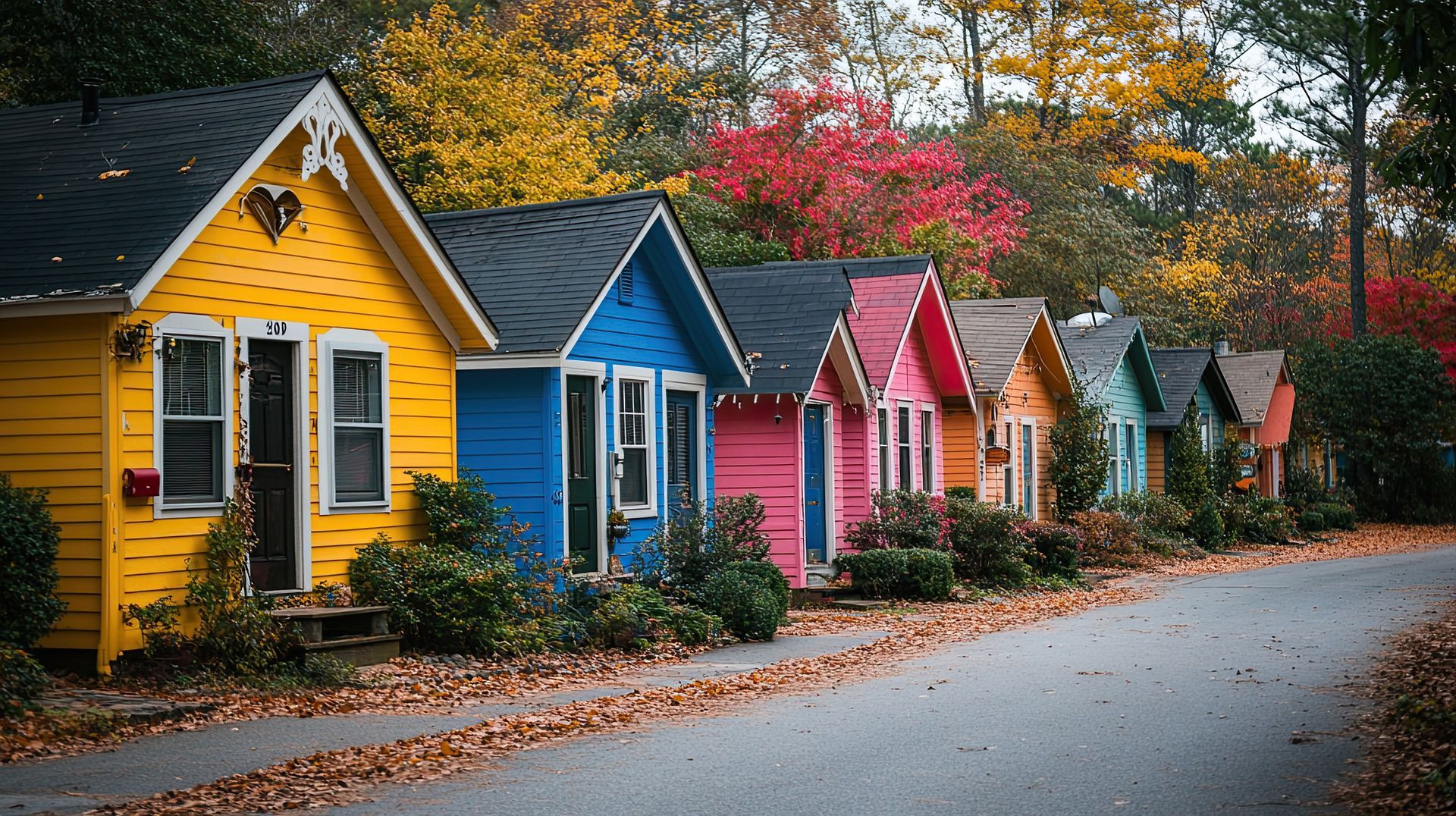 Row of colorful tiny houses along a road with autumn foliage.