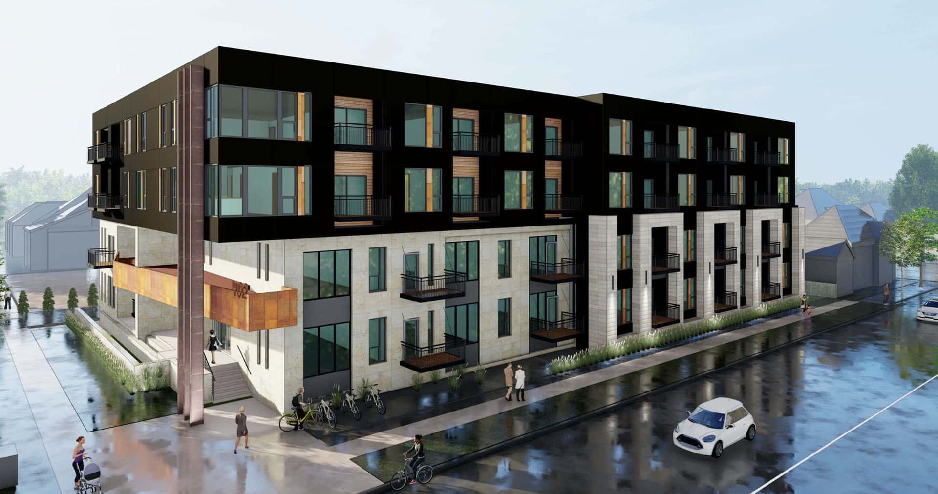 An exterior rendering of a low-income apartment complex located in Madison, WI - The Flats at 402