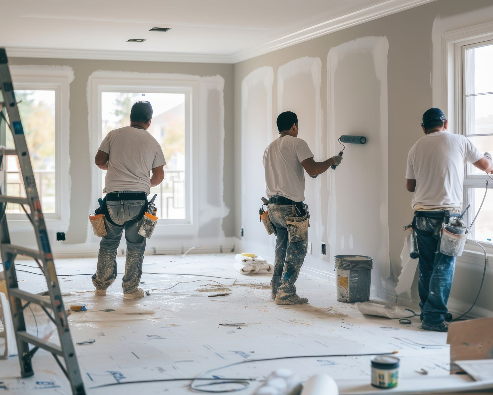Three workers in white shirts and tool belts paint the interior walls of a brightly lit, unfinished house.