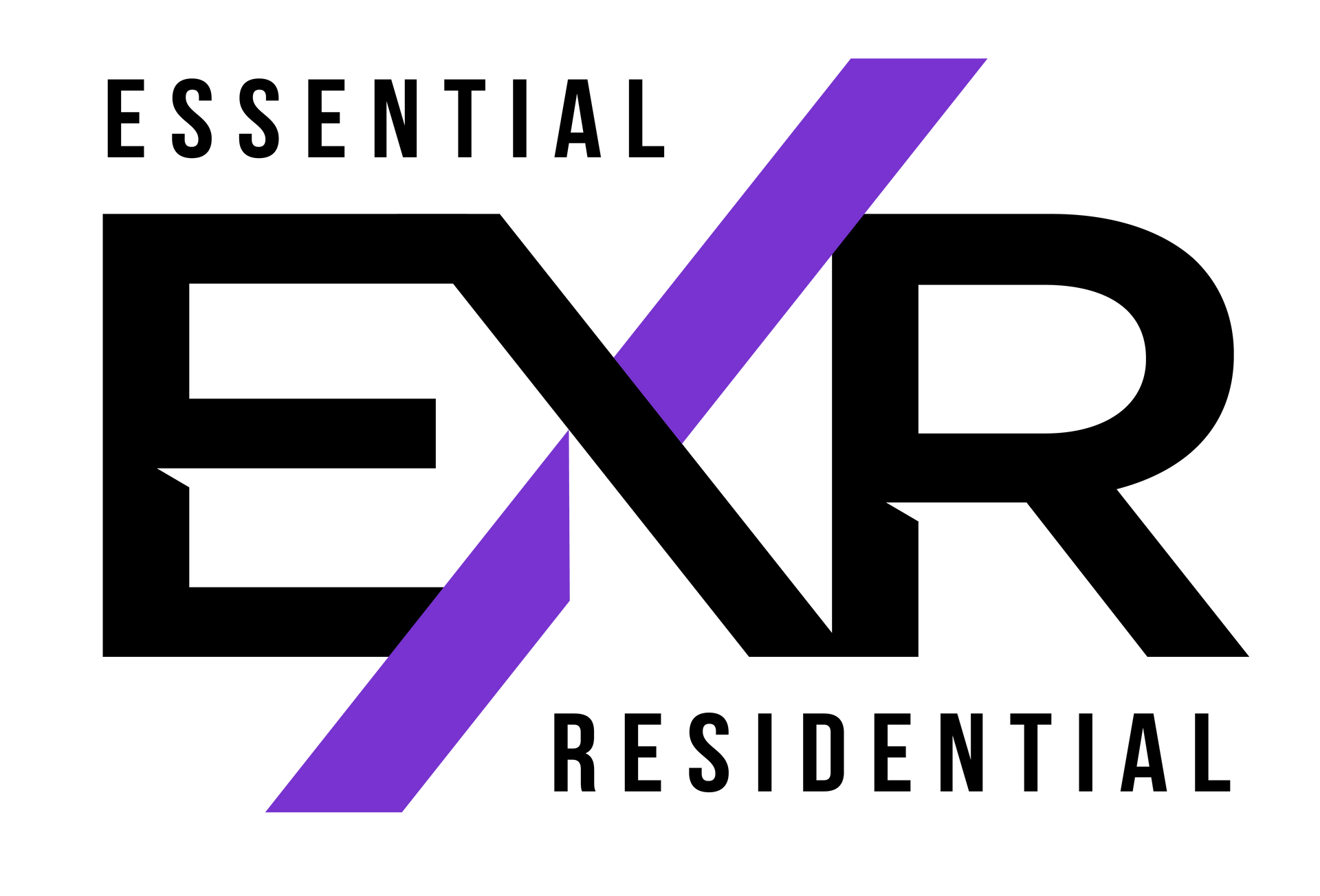 Logo for Essential Residential with the black text "ESSENTIAL" and "RESIDENTIAL" flanking a stylized black and purple "EXR".