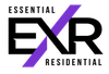 Logo for Essential Residential with the black text "ESSENTIAL" and "RESIDENTIAL" flanking a stylized black and purple "EXR".