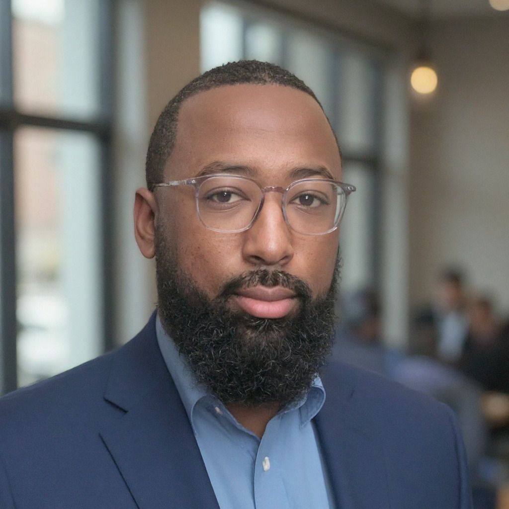 James Moore with a beard and glasses, wearing a blue shirt and blazer, poses for a professional headshot in an office.