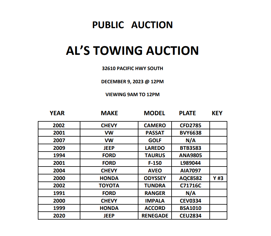 Our Auctions Federal Way, WA Al's Towing