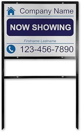 Real estate sign with company name, “Now Showing,” and phone number 123-456-7890