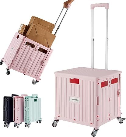 Pink foldable rolling cart with telescoping handle, shown loaded with boxes and in multiple colors.