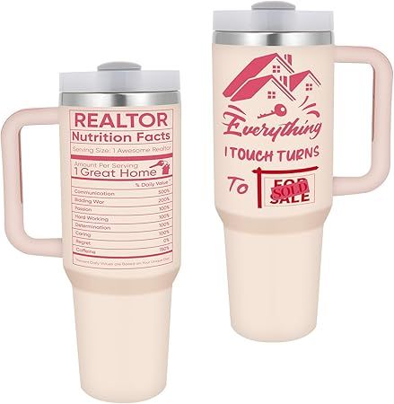 Two pink insulated tumblers with handles and metal lids, one with Realtor Nutrition Facts and one with a house design.
