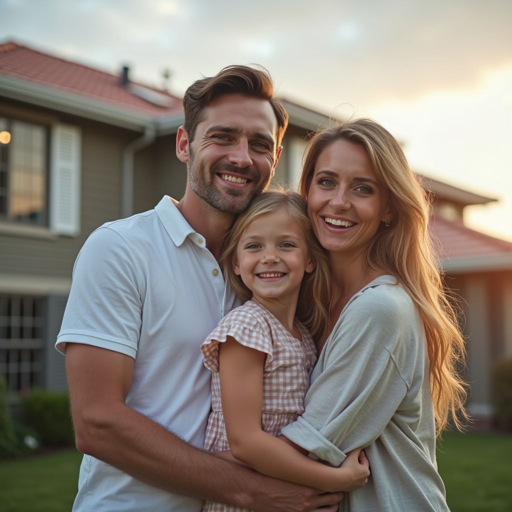 Smiling family of three hugging outdoors at sunset in front of a house