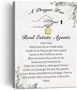Prayer plaque for real estate agents with a hand holding a house key and a house icon.