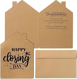 Kraft paper house-shaped envelopes and card with “Happy Closing Day” and “Congratulations” text