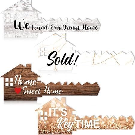 Four decorative home signs: “We found our Dream Home,” “Sold!,” “Home Sweet Home,” and “It’s Key Time”