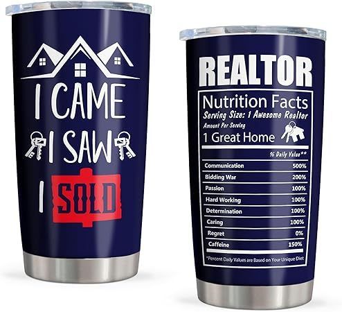 Navy travel tumbler with “I Came I Saw I Sold” and a REALTOR nutrition label design.