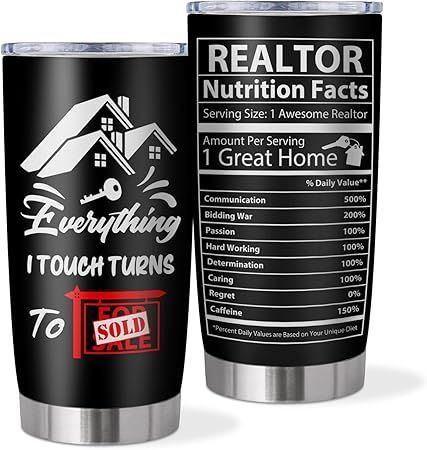 Two black tumblers: one says “Everything I touch turns to sold,” the other shows “Realtor Nutrition Facts.”