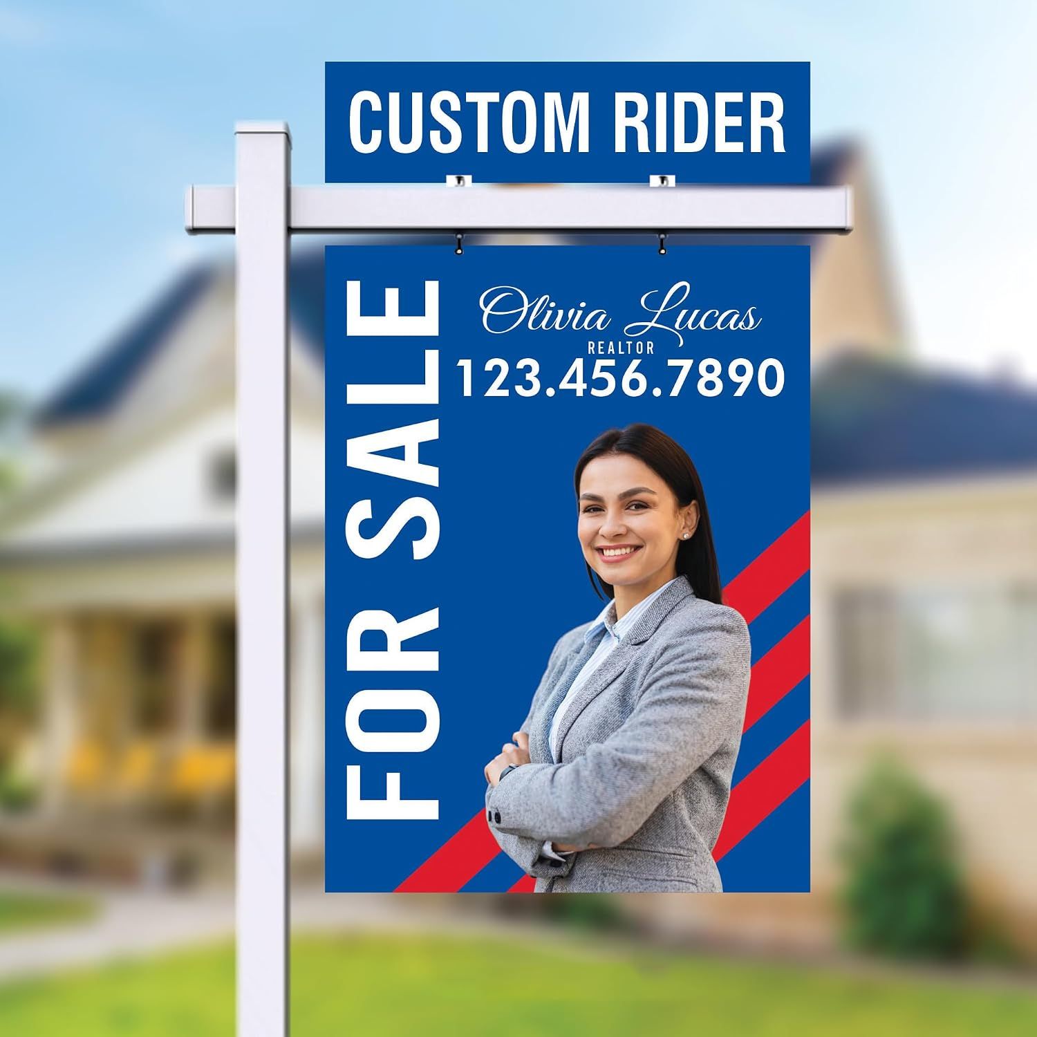 Red real estate sign reading “For Sale” and “Open House” with realtor contact info