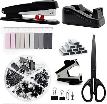 Office desk accessories set: stapler, tape dispenser, binder clips, scissors, staples, and paper clips on white background