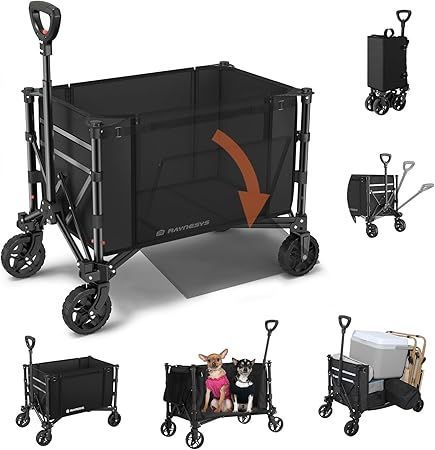 Black collapsible wagon/cart with handle and wheels, shown folding flat and carrying kids and cargo.