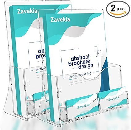 Clear acrylic brochure holders with turquoise “Zavekia” backing, shown in a 2-pack.