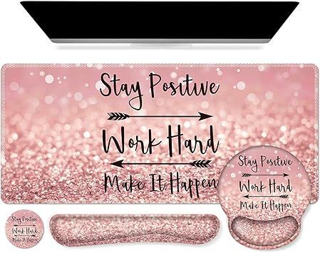 Pink glittery school supply set with “Stay Positive, Work Hard, Make It Happen” text.