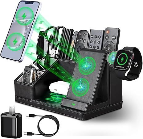 4-in-1 black wireless charging stand for phone, earbuds, watch, and accessories with green charging icons