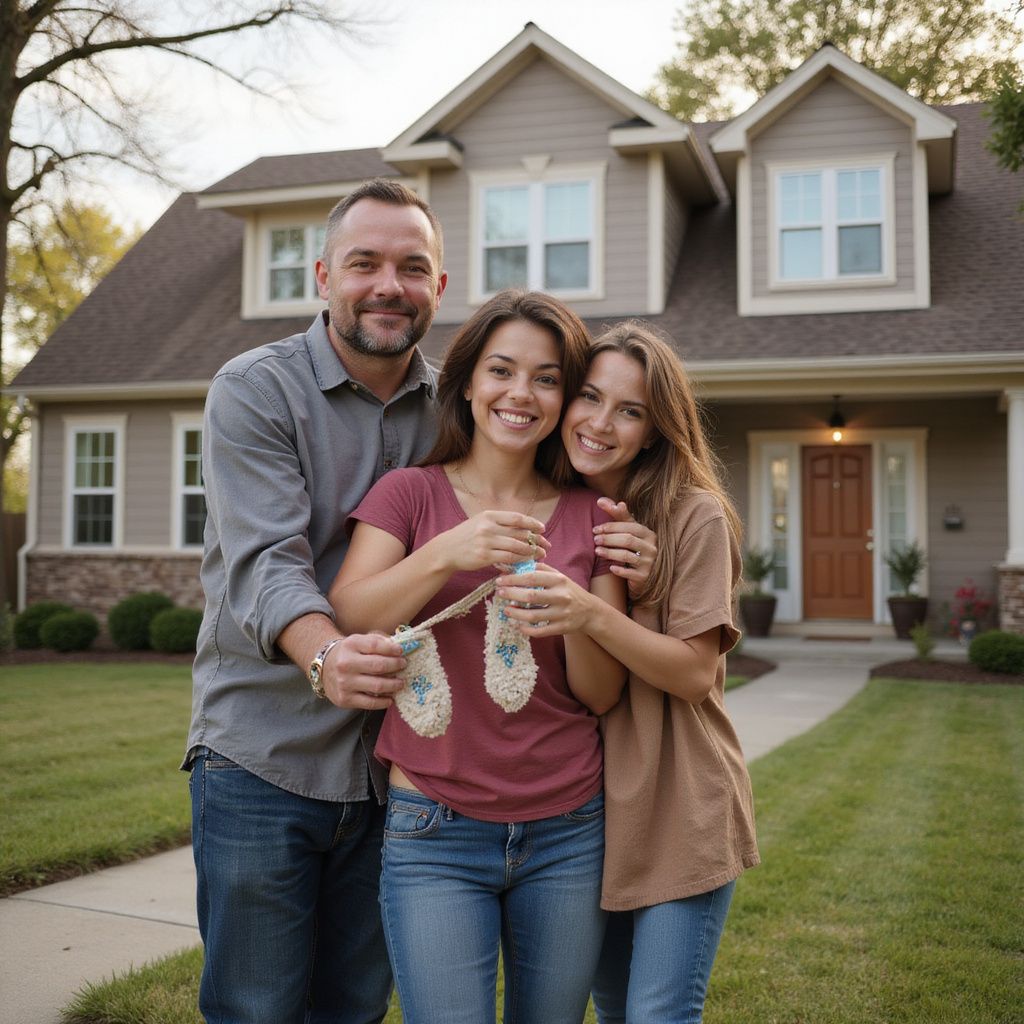Three people smiling and holding autumn leaves in front of a suburban house