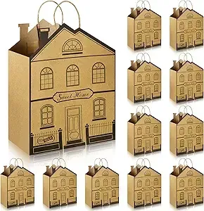 Set of beige house-shaped gift boxes with black handles, one large and several small packages on white background