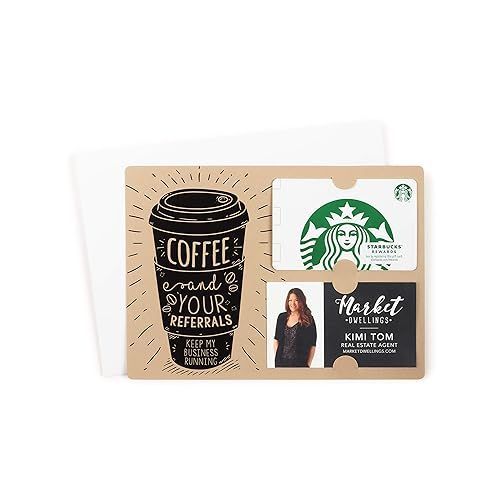 Coffee-themed four-pocket card holder with assorted business cards on a white background