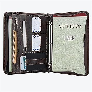 Open notebook organizer with pens, zipper pocket, cards, and a lined pad labeled “NOTE BOOK”