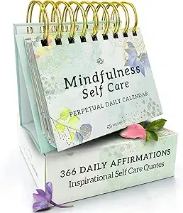 Mindfulness self-care daily calendar with gold spiral binding and pastel floral cover; 366 daily affirmations box underneath