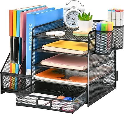 Black mesh desktop organizer with stacked trays, file slots, and pen holders holding colorful office supplies