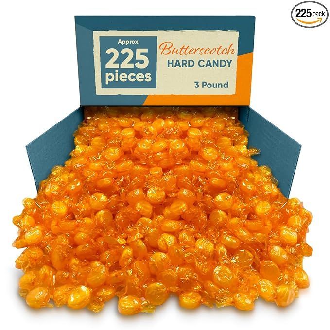 Open box of butterscotch hard candy pieces spilling out, labeled 225 pieces and 3 pounds