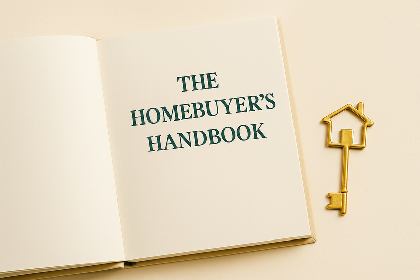 Open book titled “The Homebuyer’s Handbook” beside a gold key on a light background