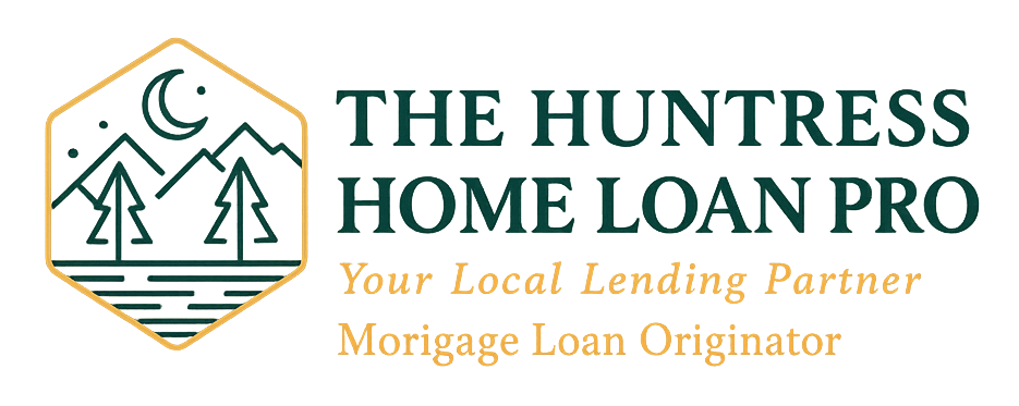 Logo for The Huntress Home Loan Pro with gold and green house-and-pine icon and mortgage loan originator tagline