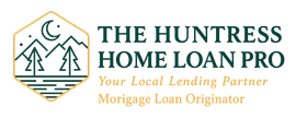Logo for The Huntress Home Loan Pro with gold and green house-and-pine icon and mortgage loan originator tagline