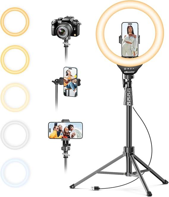 Phone and camera tripod with adjustable ring light, showing use with a smartphone and camera