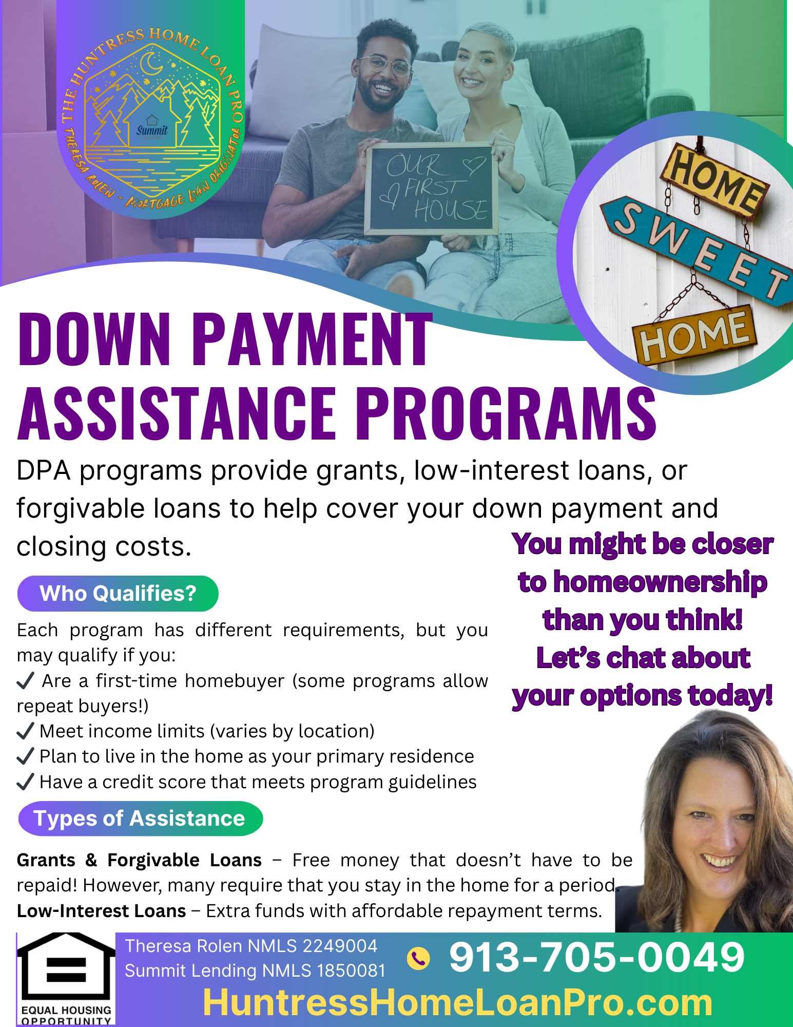 Down payment assistance program flyer with couple photo, home graphic, and contact information