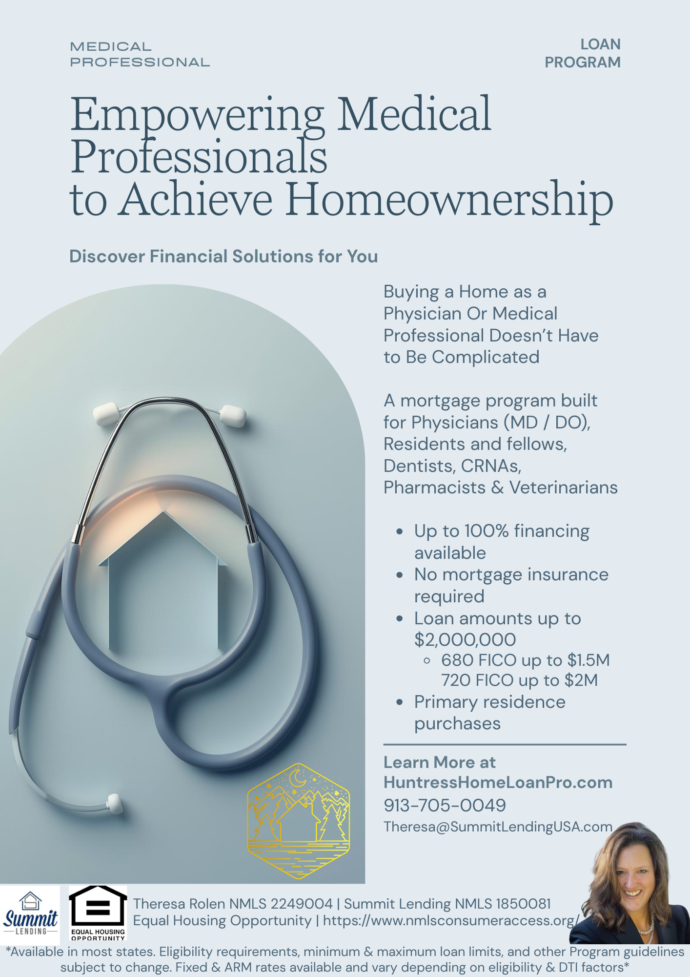 Medical conference flyer with stethoscope, blue gradient background, and speaker headshots promoting homeownership education