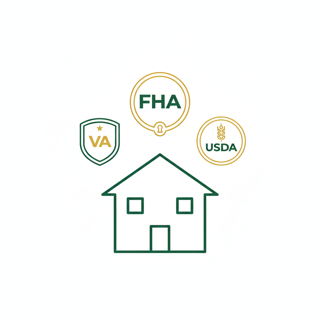 House icon surrounded by FHA, VA, and USDA loan badges