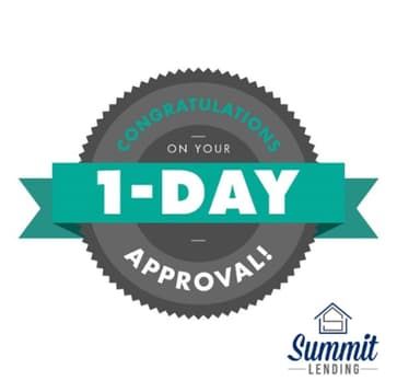 Gray seal with teal ribbon reading “1-DAY” and “Congratulations on your approval!” for Summit Lending