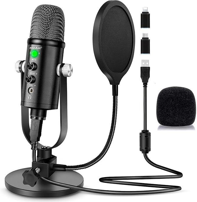 Black USB condenser microphone with pop filter, stand, and accessories on a white background
