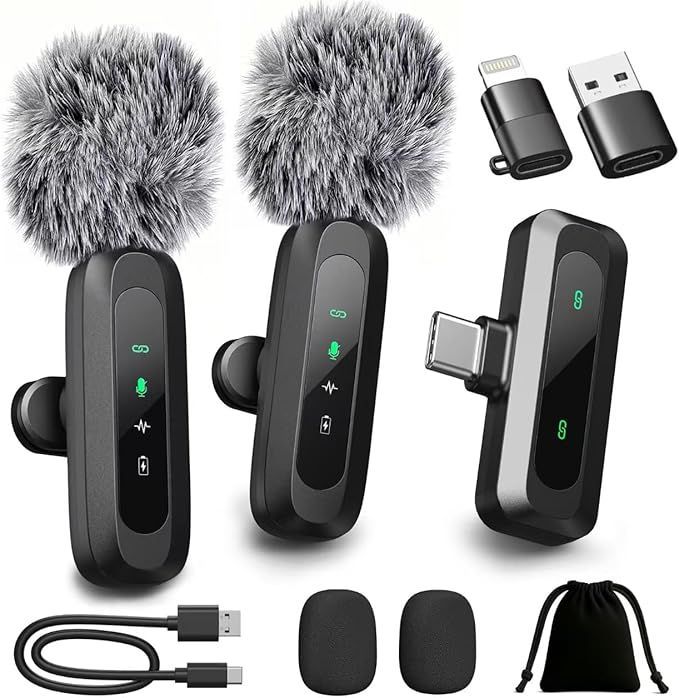 Wireless clip-on microphone kit with two furry windshields, USB receiver, charging cable, and accessories