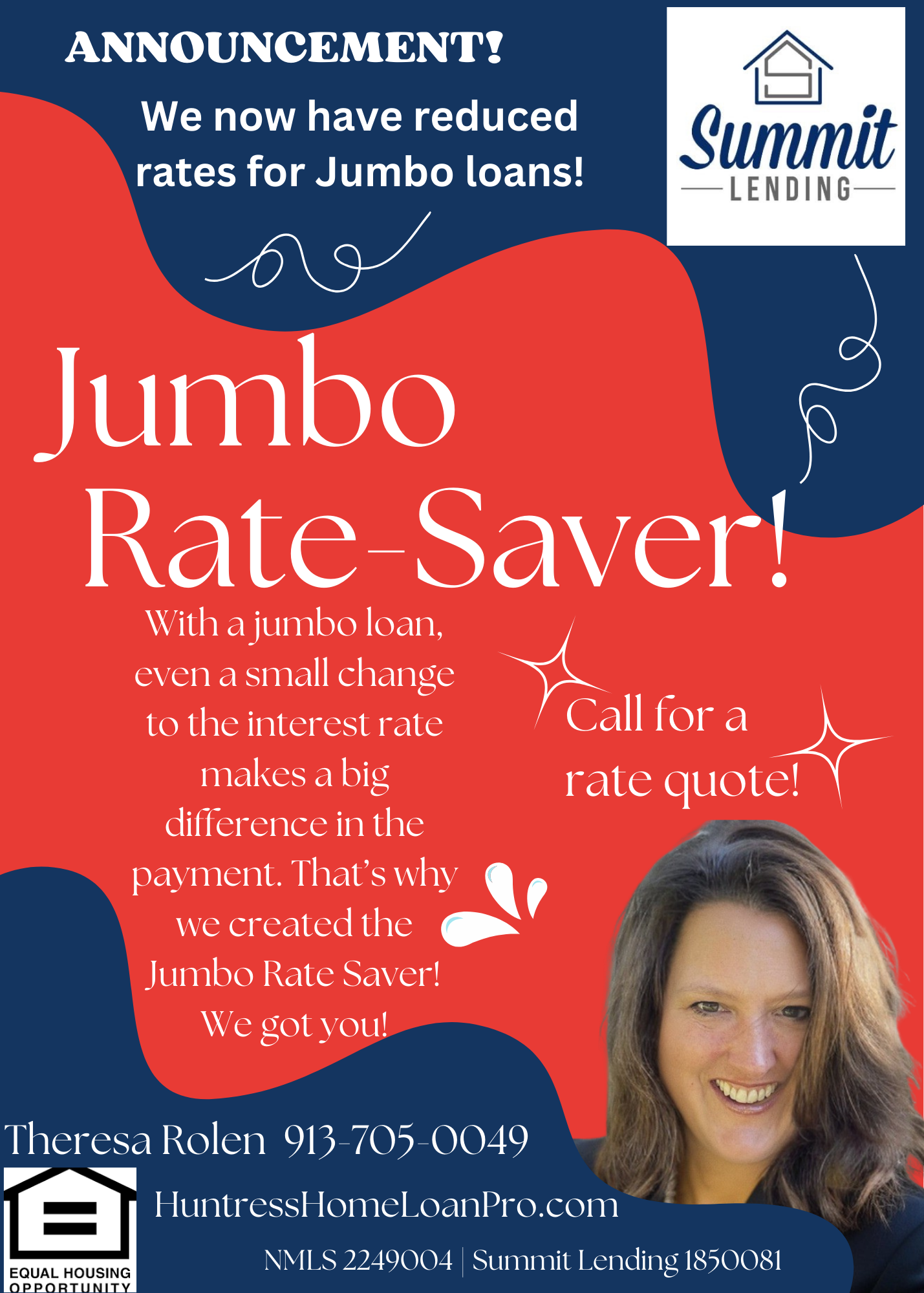 Jumbo Rate-Saver mortgage ad in red and blue with Summit Lending logo and a smiling woman’s headshot